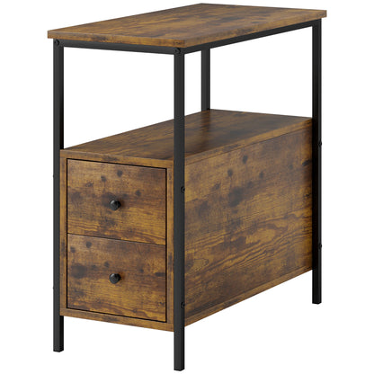 Side Table, Narrow Bedside Table with 2 Drawers and Storage Shelf, Industrial End Table with Metal Frame for Small Spaces