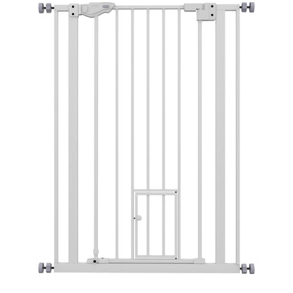 Extra Tall Pet Gate, Indoor Dog Safety Gate, with Cat Flap, Auto Close, 74-80cm Wide - White