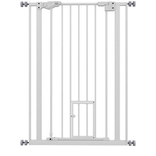 Extra Tall Pet Gate, Indoor Dog Safety Gate, with Cat Flap, Auto Close, 74-80cm Wide - White