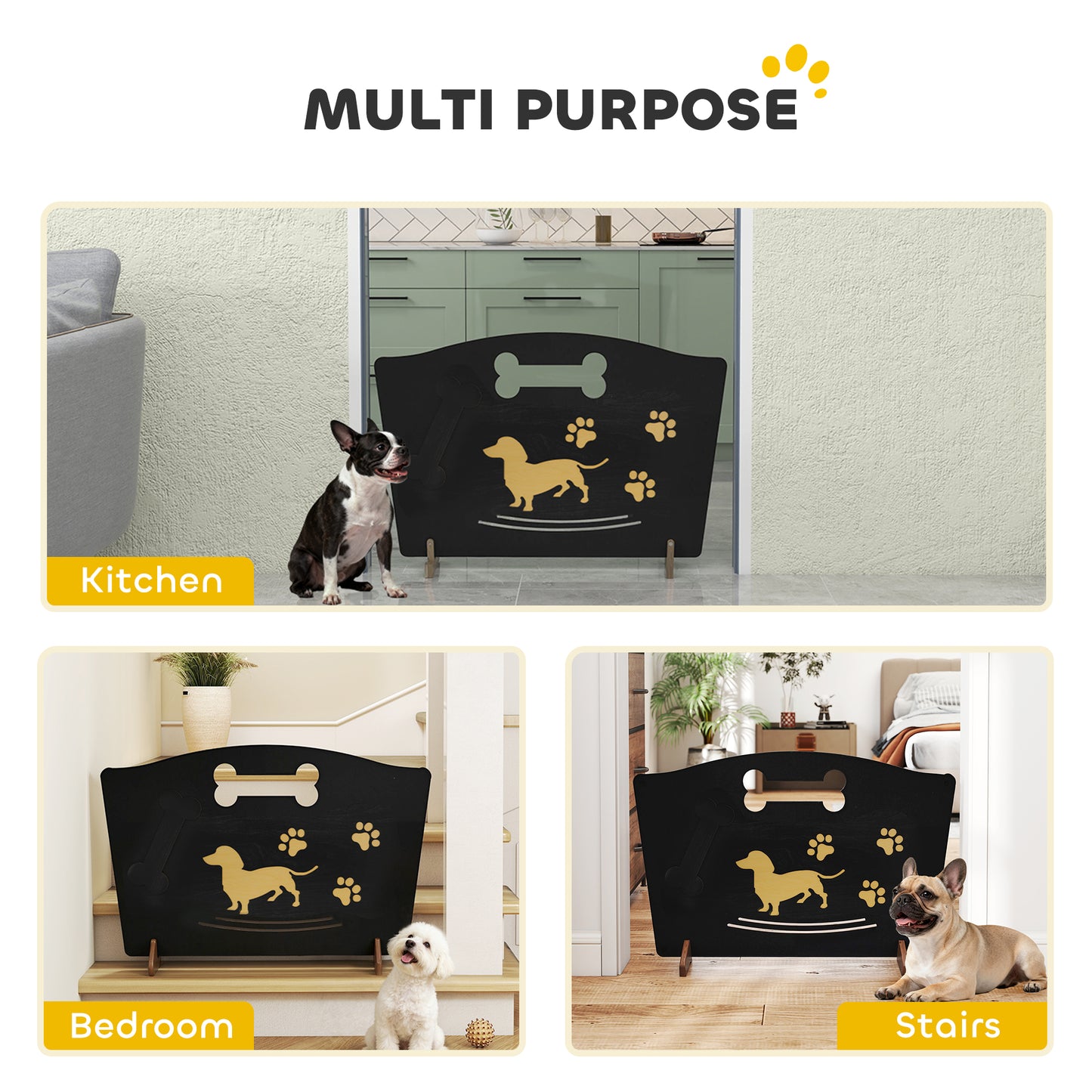 Wooden Dog Stopper, Dog Barrier with Support Feet, for Stair, Patio, Very Easy Setup, Black, 75 x 51 cm