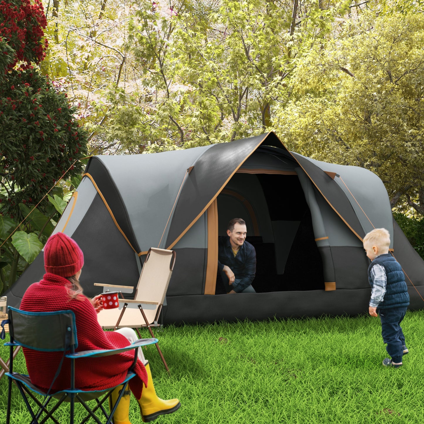 5 Man Camping Tent, Large Tunnel Tent, Water Resistant Hiking Shelter with Groundsheet and Carry Bag, Black