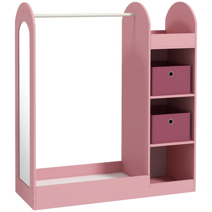 Kids Clothes Rail with Storage Shelf, Boxes, Mirror for Bedroom, Nursery, Pink