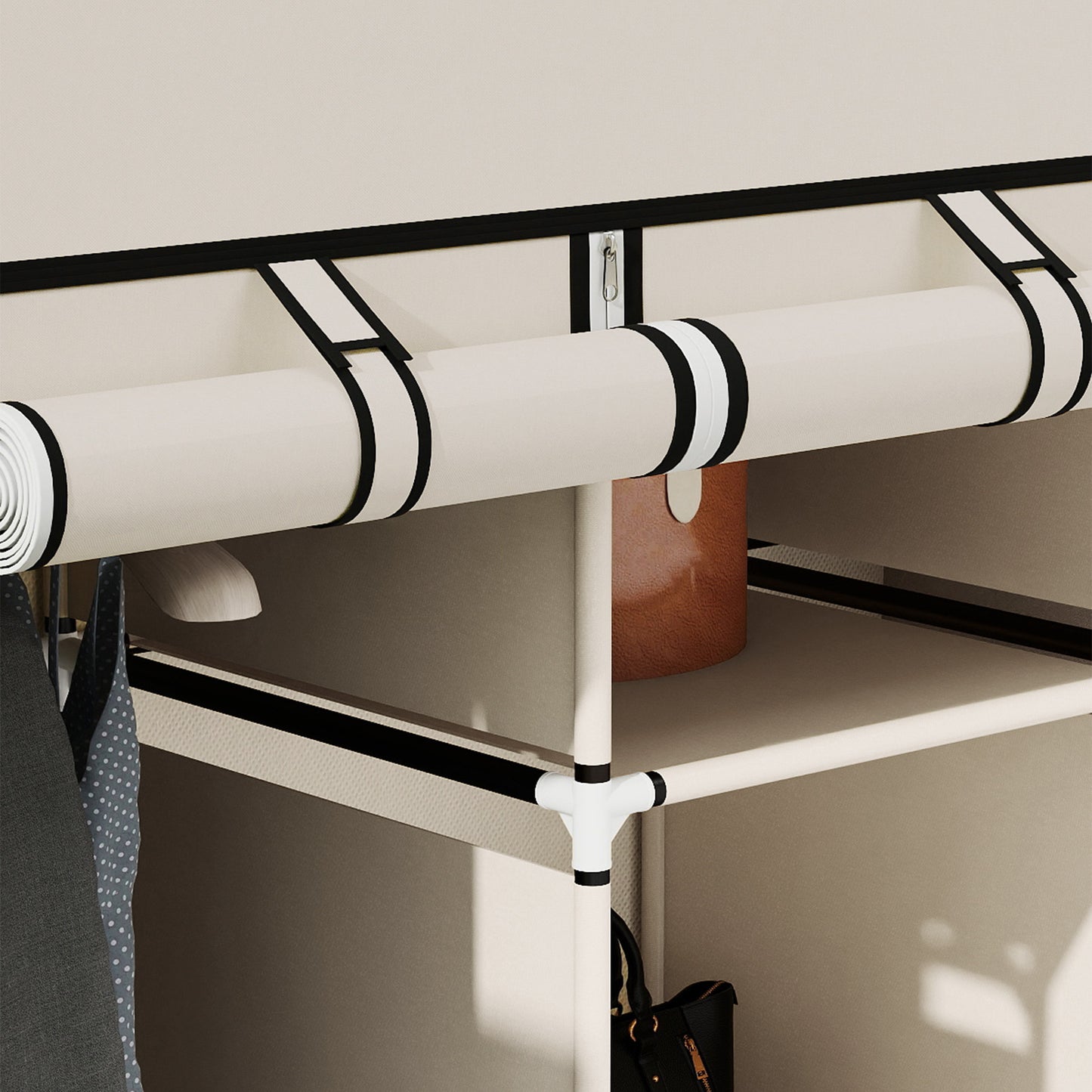 Fabric Wardrobe, with Rails and Shelves - Cream White