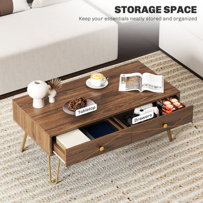 Coffee Table with Storage, Living Room Table with Drawers, Rectangular Tea Table with Steel Base for Home, 100 x 50 x 41 cm