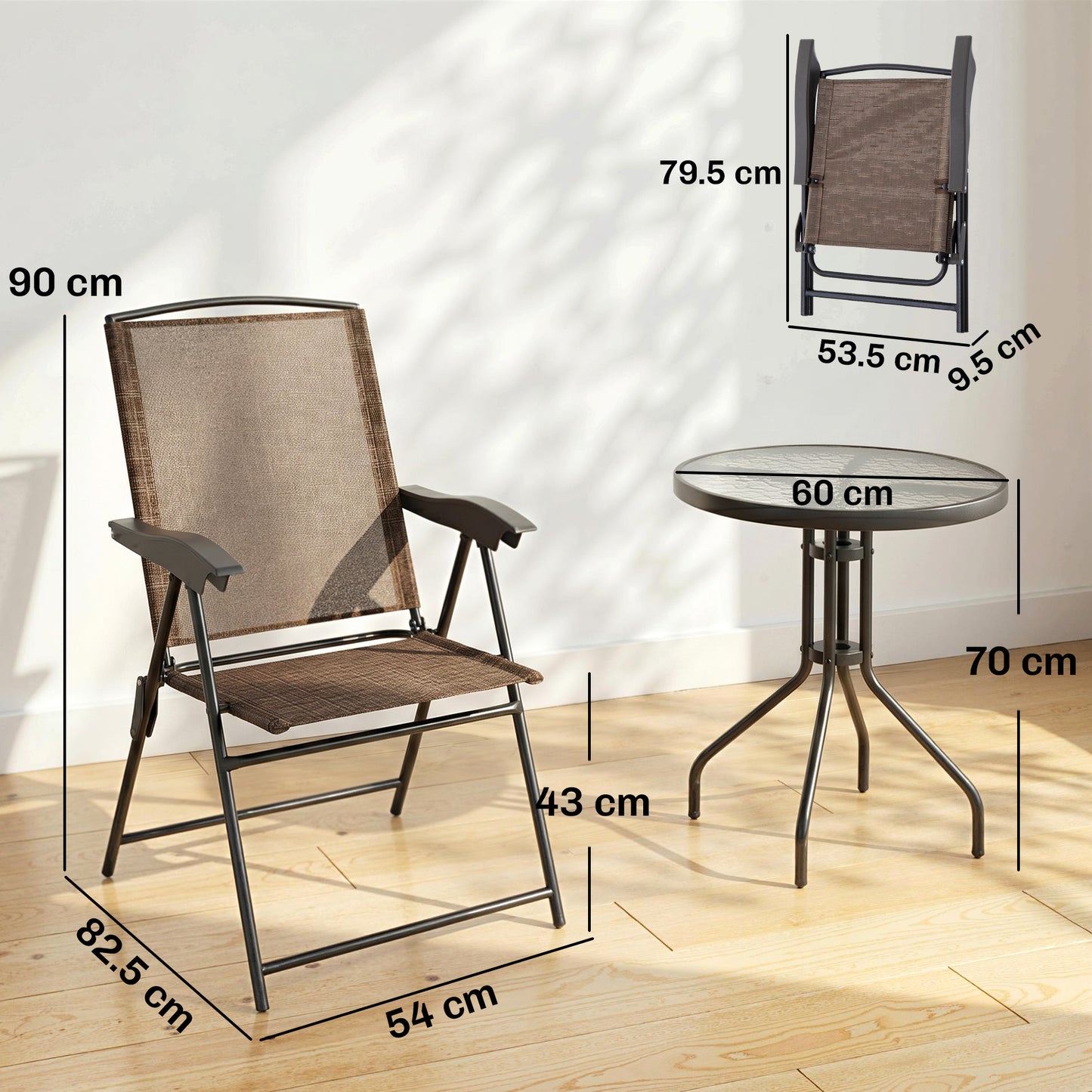 3 Piece Outdoor Bistro Set, Patio Conversation Furniture Set with 2 Folding Backrest Adjustable Armchairs and Glass Top Coffe
