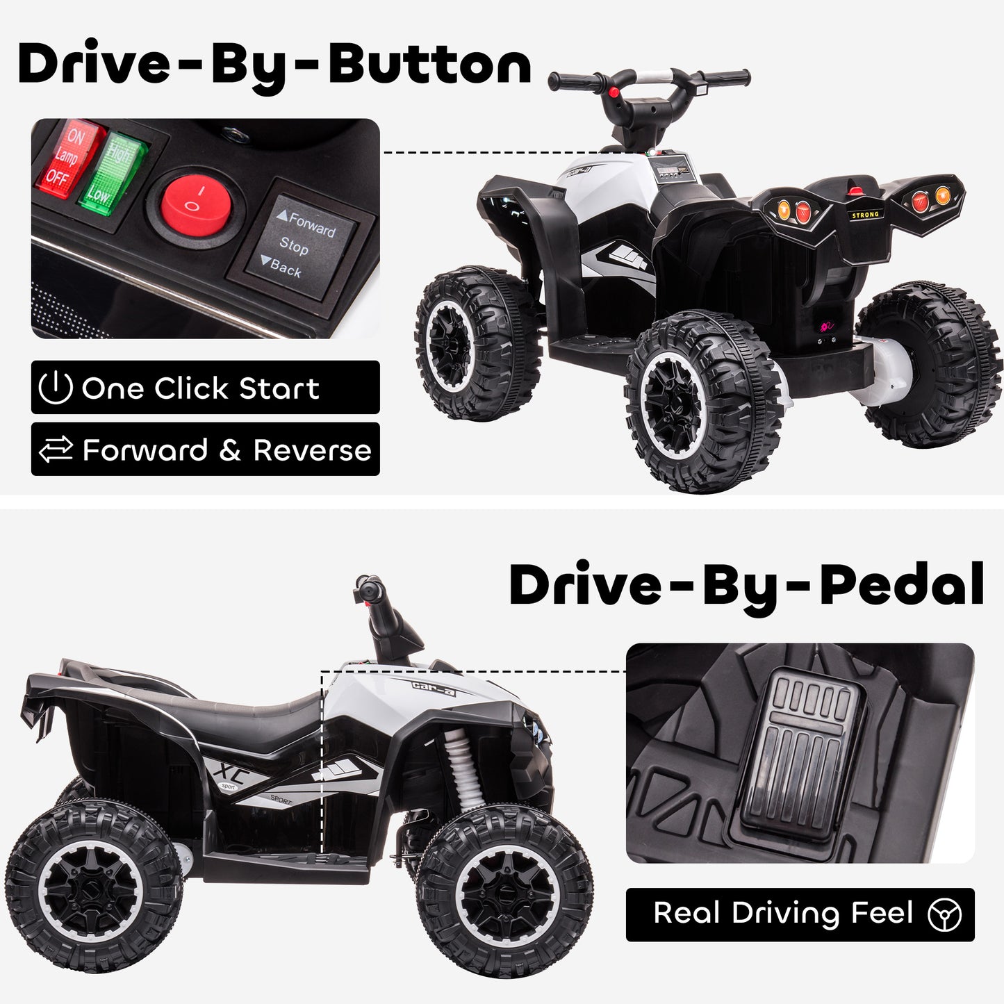 12V Ride-On Quad Bike w/ Music, Horn, for Ages 3-5 Years - White