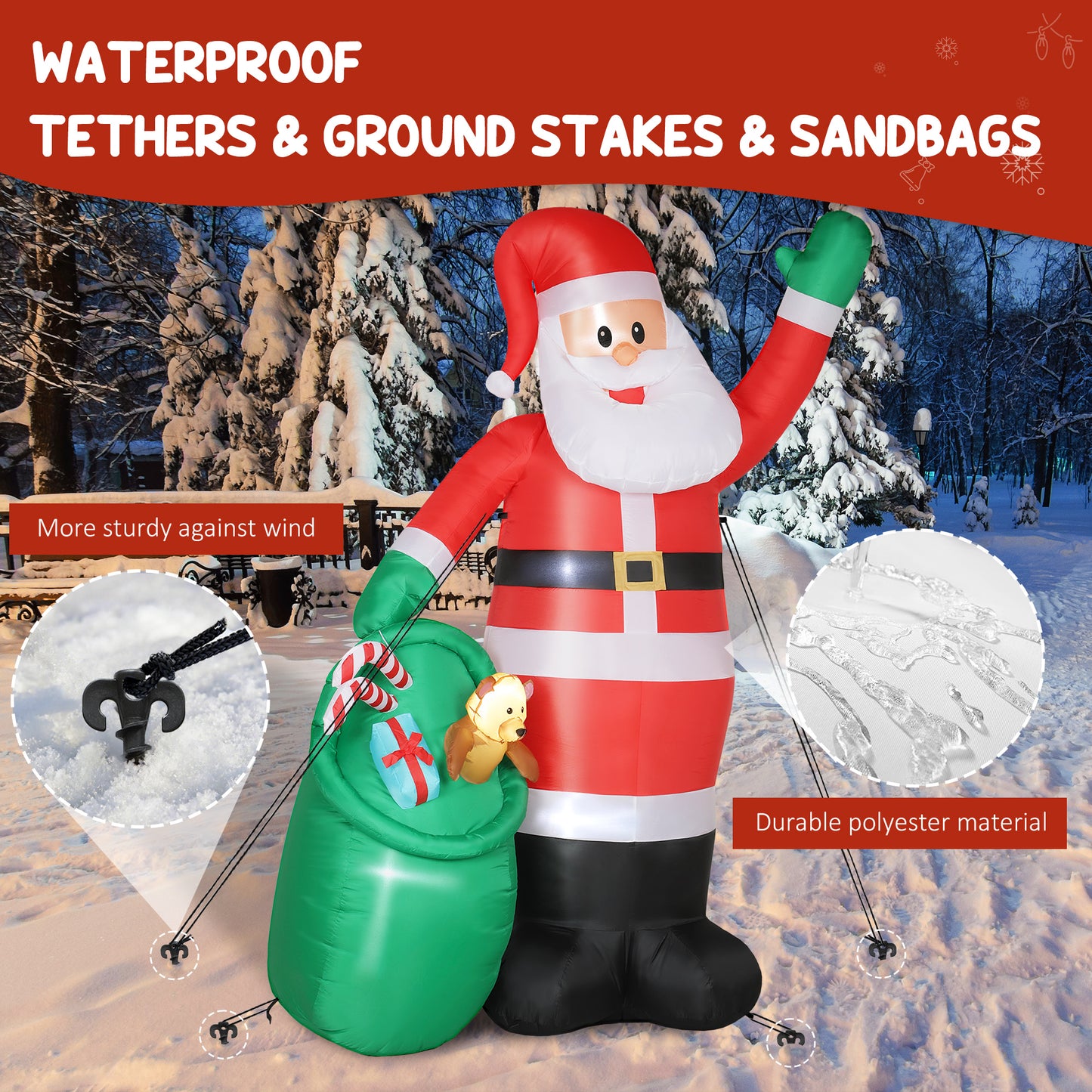 9ft/275 cm Christmas Inflatable Santa with Bear Sack, Giant Christmas Blow Up Decoration with Built-in LED Lights for Garden