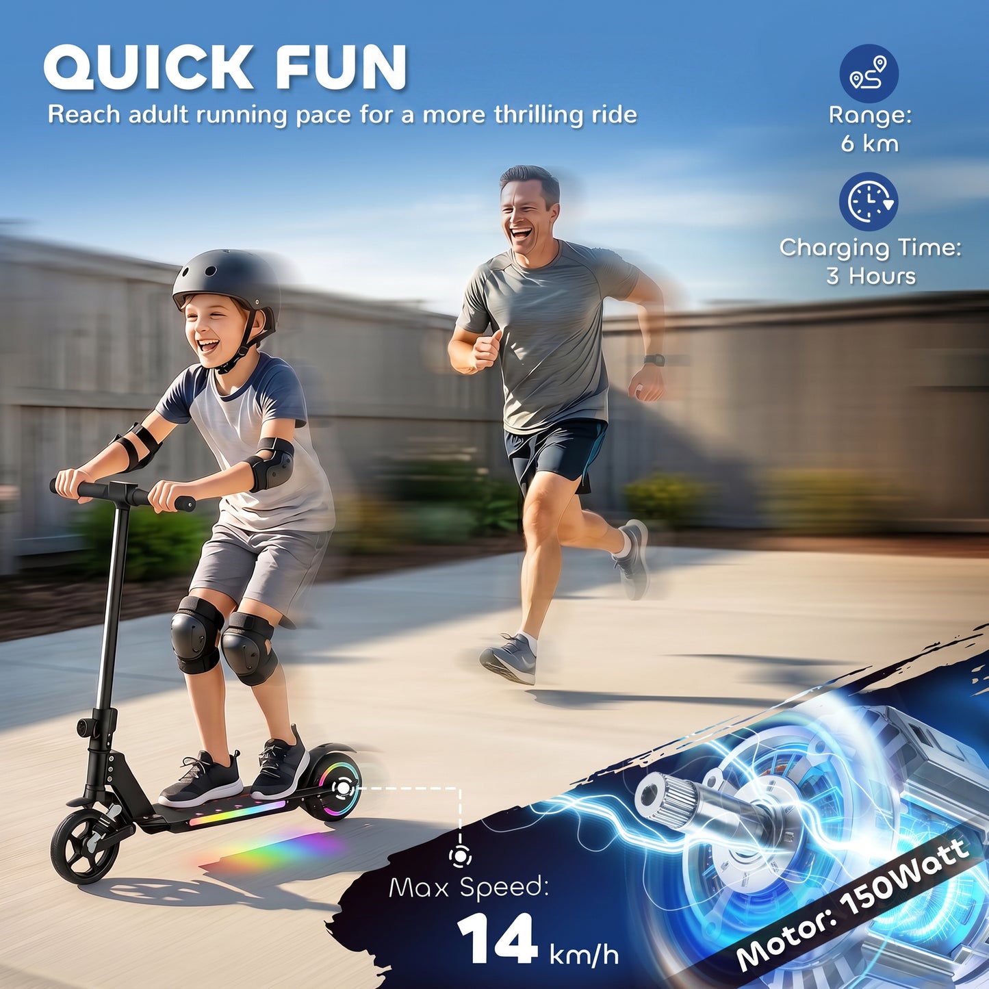 Folding Electric Scooter for Kids, with Dual Brakes, Front Suspension, LED Colourful Lights, Black
