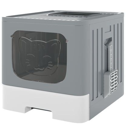 Cat Litter Box with Lid, Slide-Out Drawer, Scoop, Easy Clean, Odour Control, Anti-Splashing, Grey