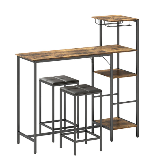 3 Piece Breakfast Bar Table and Stools Set, Rustic Brown
