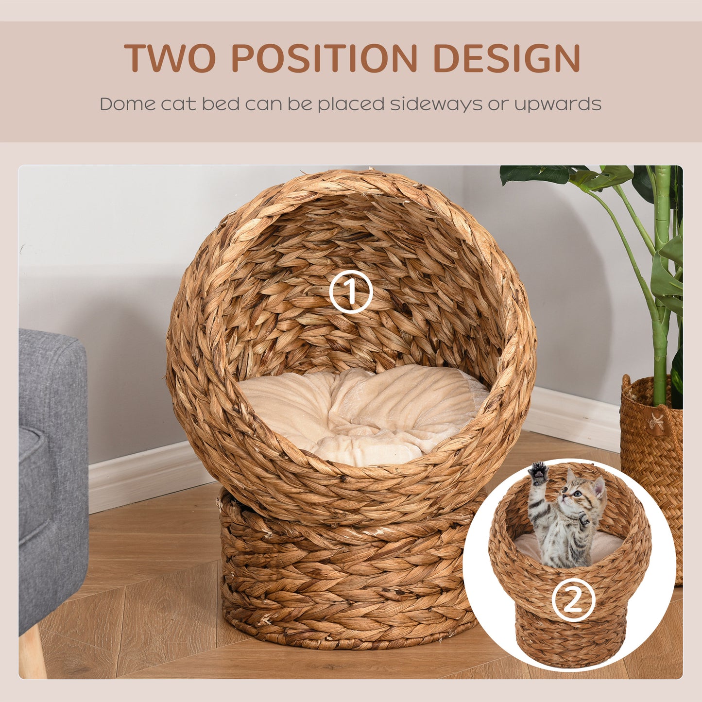 Wicker Cat Bed, Raised Rattan Cat Basket with Cylindrical Base, Soft Washable Cushion, 40 x 37 x 51 cm - Brown