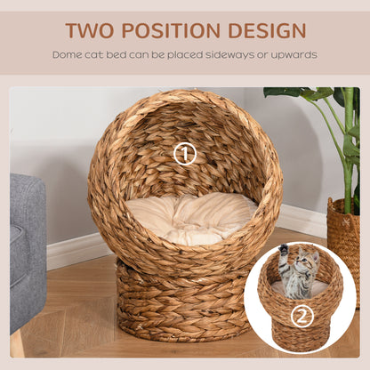 Wicker Cat Bed, Raised Rattan Cat Basket with Cylindrical Base, Soft Washable Cushion, 40 x 37 x 51 cm - Brown