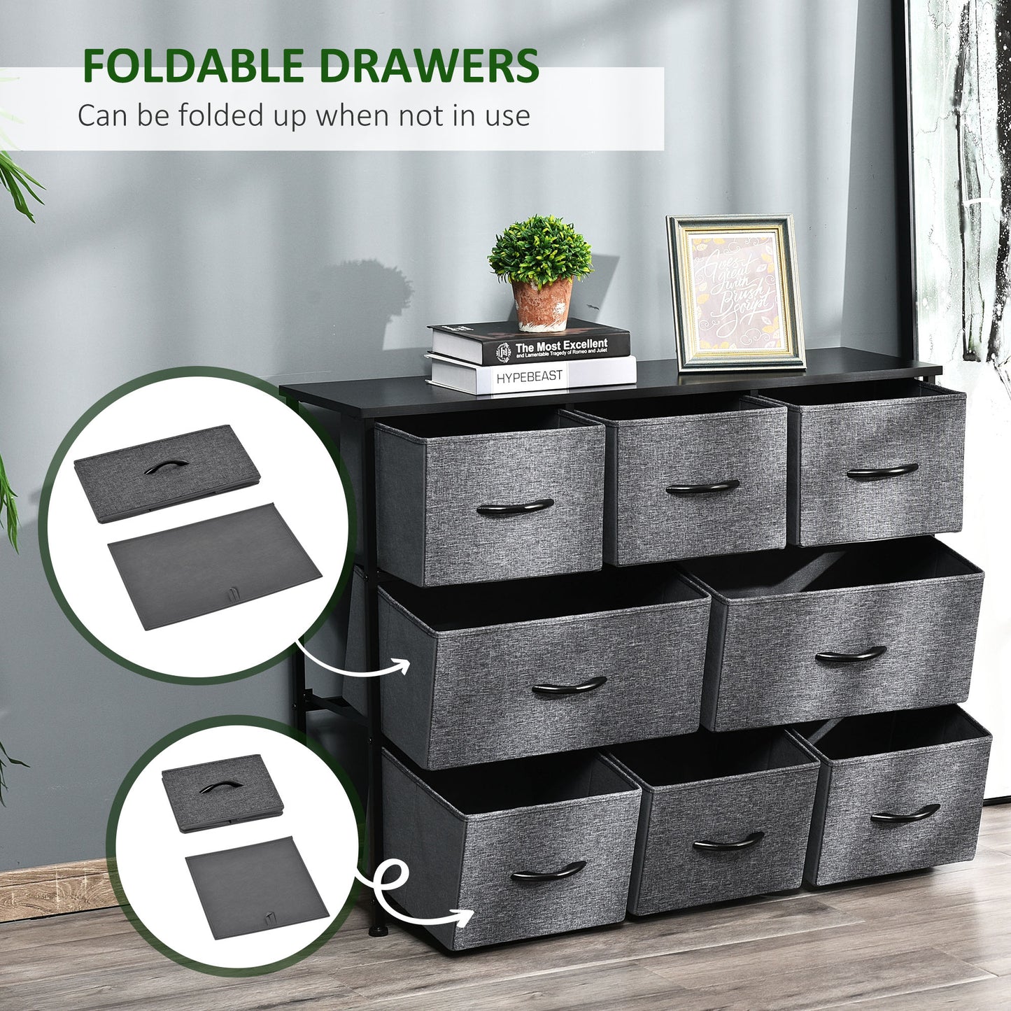 Chest of Drawers with 8 Foldable Drawers, 3-Tier Fabric Bedroom Dresser, Clothes Storage Unit for Bedroom Living Room