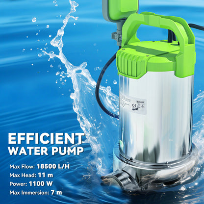 1100W Submersible Water Pump for Dirty/Clean Water, 18500L/H Electric Sump Pump with Float Switch
