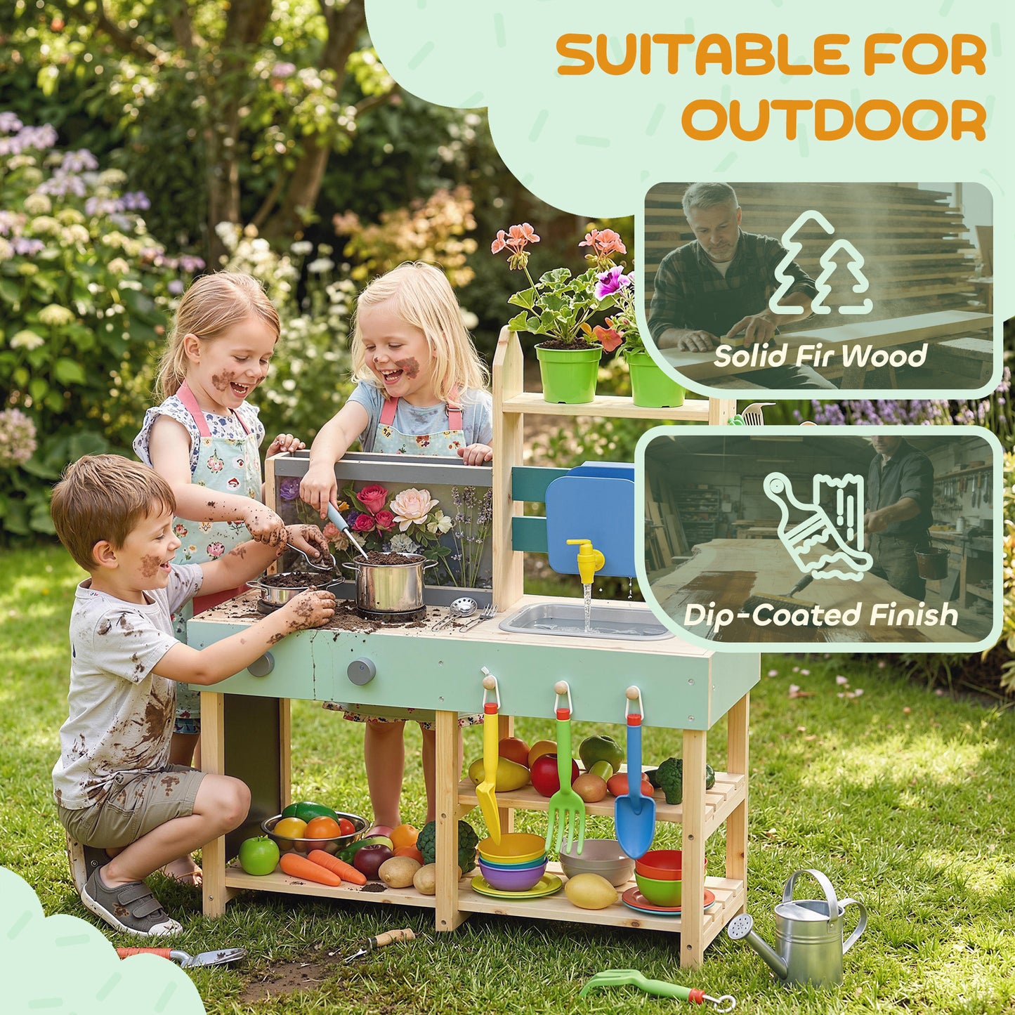 Mud Kitchen with Working Faucet, Kids Play Kitchen with Flower Pots, Kitchen Accessories, Planting Tools, Blue