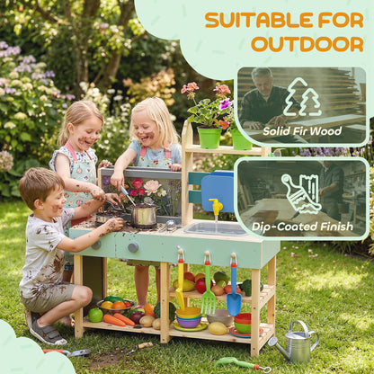 Mud Kitchen with Working Faucet, Kids Play Kitchen with Flower Pots, Kitchen Accessories, Planting Tools, Blue