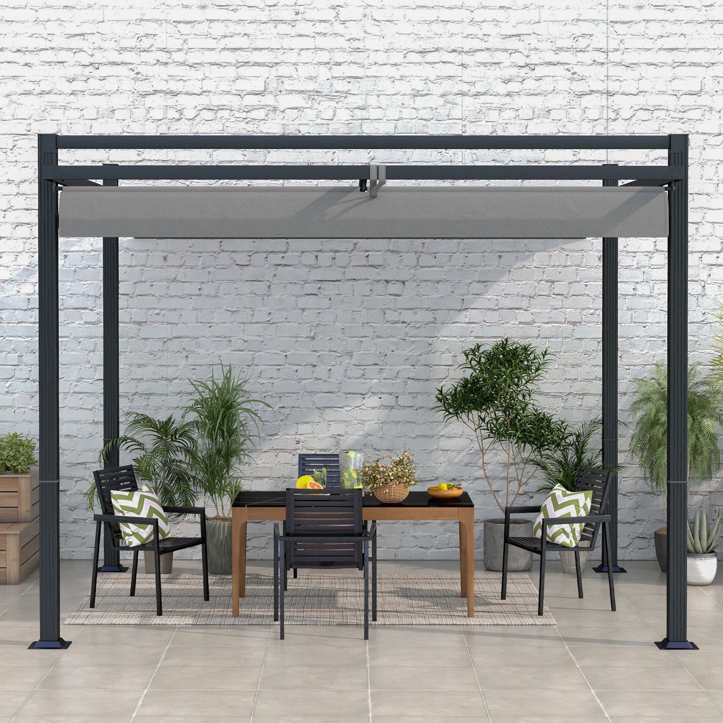3 x 3(m) Retractable Pergola, Garden Gazebo Shelter with Aluminium Frame, for Grill, Patio, Deck, Dark Grey