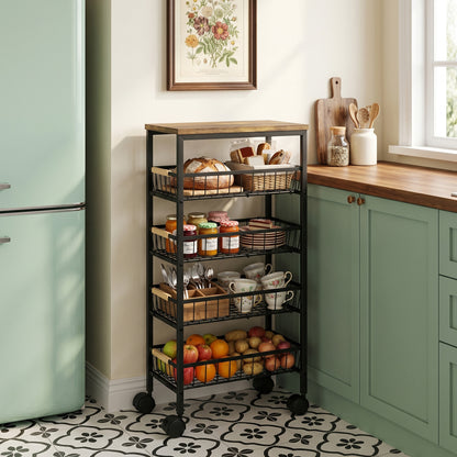 Metal Kitchen Trolley, 4-Tier Storage Trolley with Pull-Out Baskets and 4 Swivel Casters for Kitchen, Rustic Brown