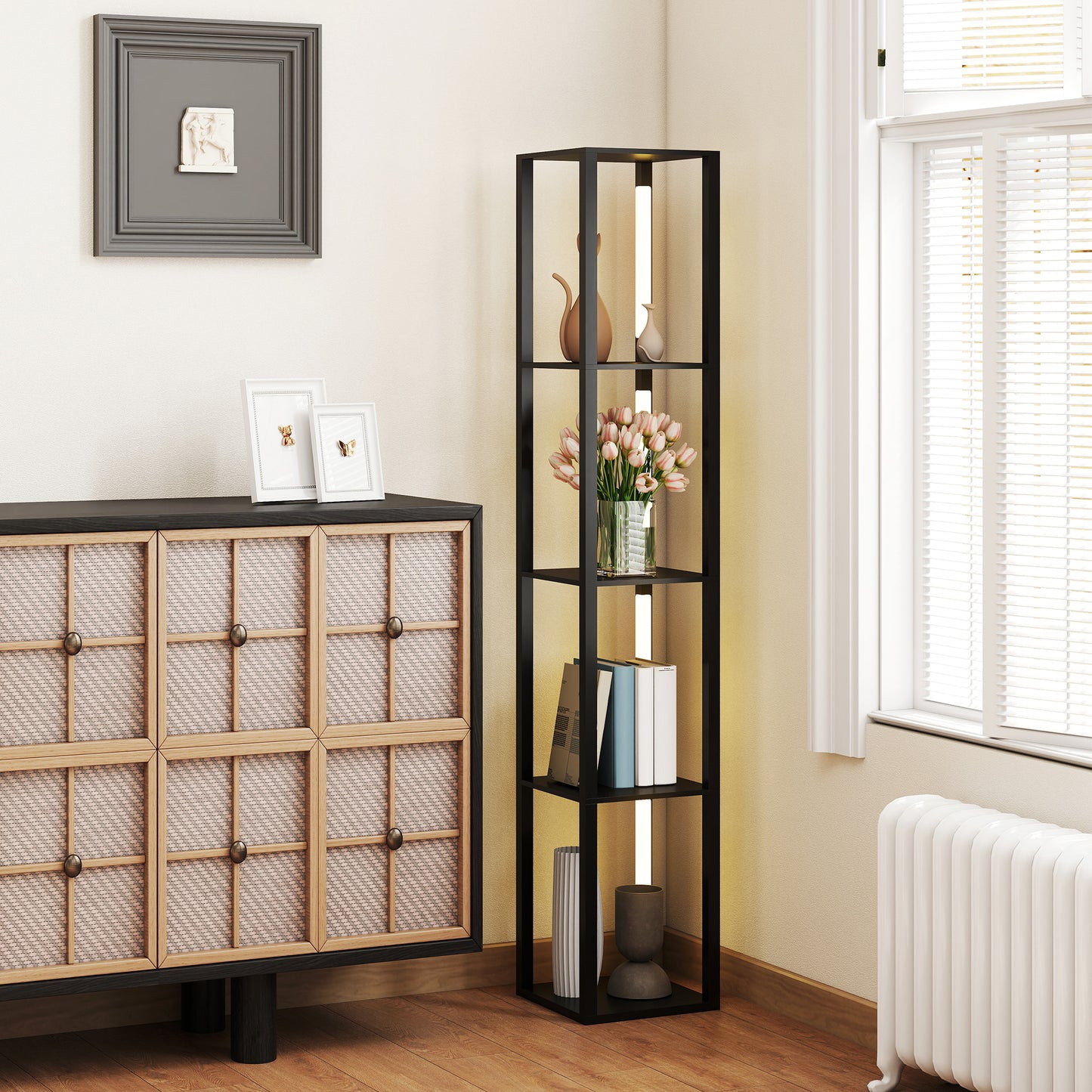 LED Floor Lamp with Shelves, Modern Dimmable Standing Lamp with 3 Brightness Levels and Foot Switch for Living Room, Bedroom