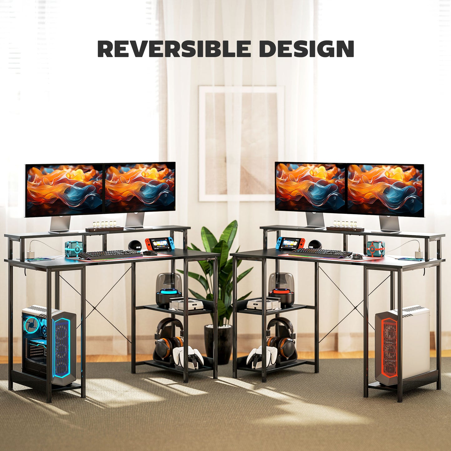 LED Computer Desk, with Power Outlets and Shelves - Black