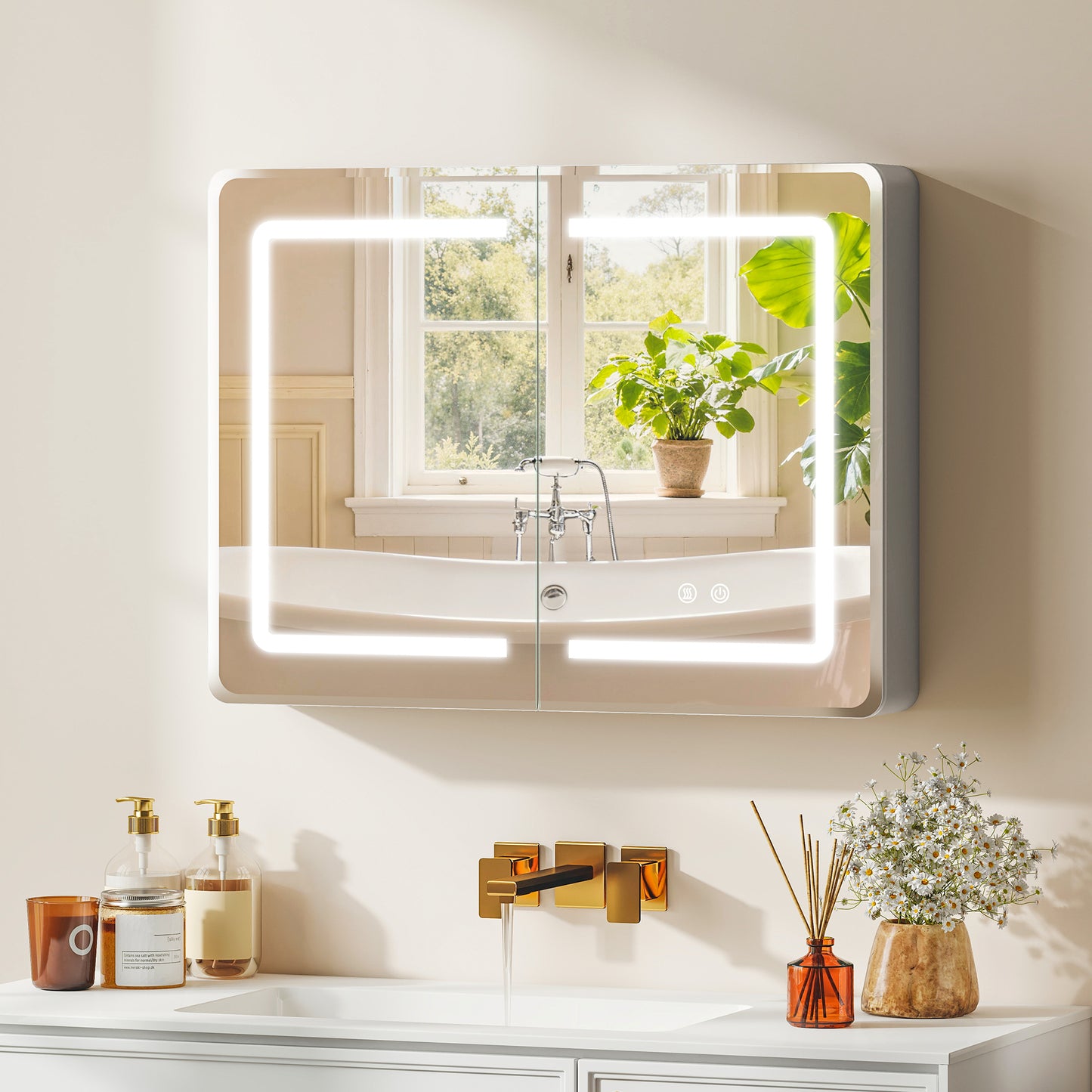 Mirrored Bathroom Cabinet with LED Lights, 60 x 80 cm Bathroom Mirror Cabinet with Anti-Fog, 3 Colour Dimmable Lighting