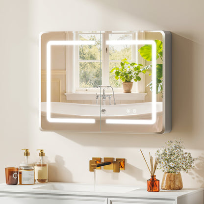 Mirrored Bathroom Cabinet with LED Lights, 60 x 80 cm Bathroom Mirror Cabinet with Anti-Fog, 3 Colour Dimmable Lighting