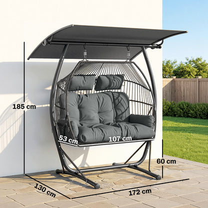 Double Hanging Egg Chair with Canopy, Rattan Garden Egg Swing Chair with Cushion, Stand for Indoor Outdoor, Dark Grey