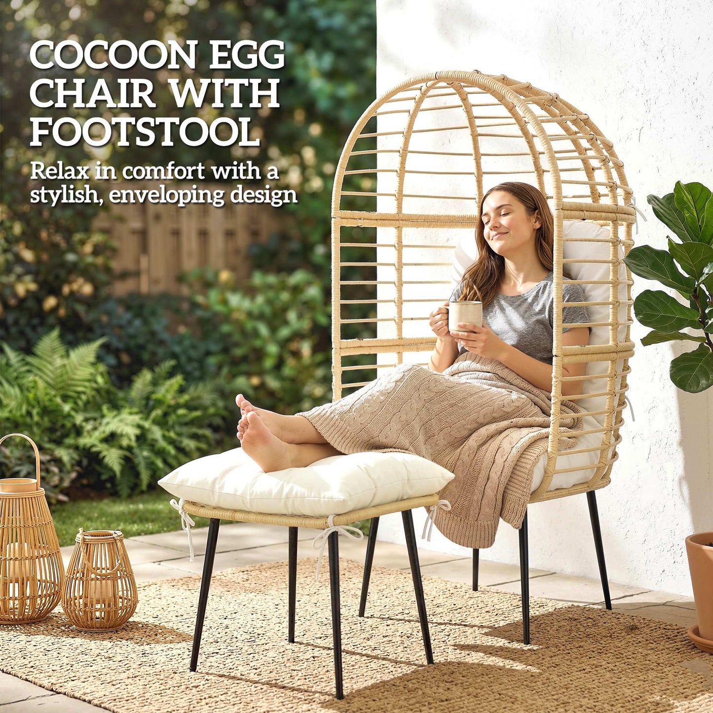 Garden Egg Chair with Footstool, Rattan Indoor Outdoor Lounge Chair and Ottoman Set with Thick Cushions, Beige