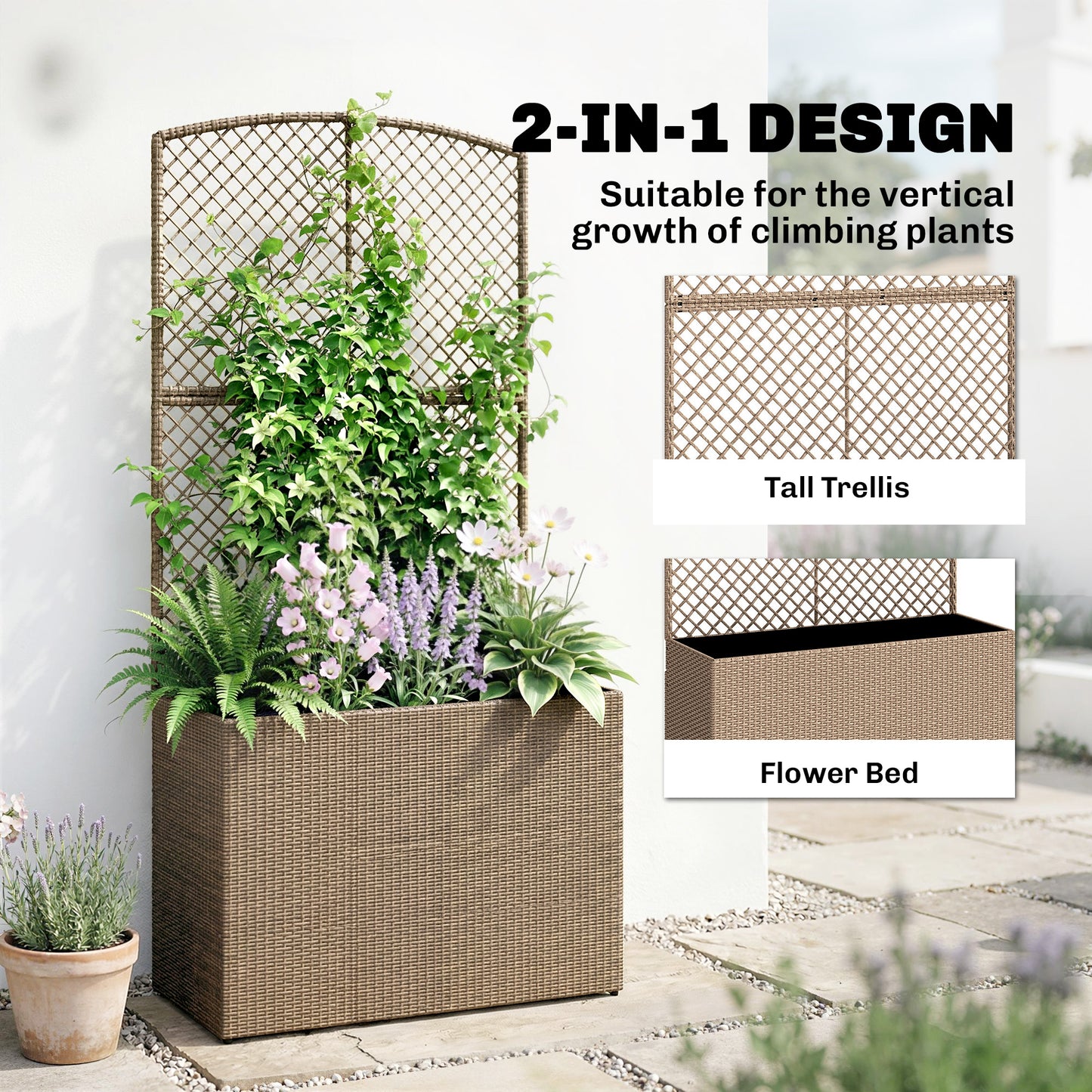 Rattan Planter with Trellis, Raised Beds for Garden with Liner for Climbing Plants Vegetables Flowers, Light Grey