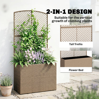 Rattan Planter with Trellis, Raised Beds for Garden with Liner for Climbing Plants Vegetables Flowers, Light Grey