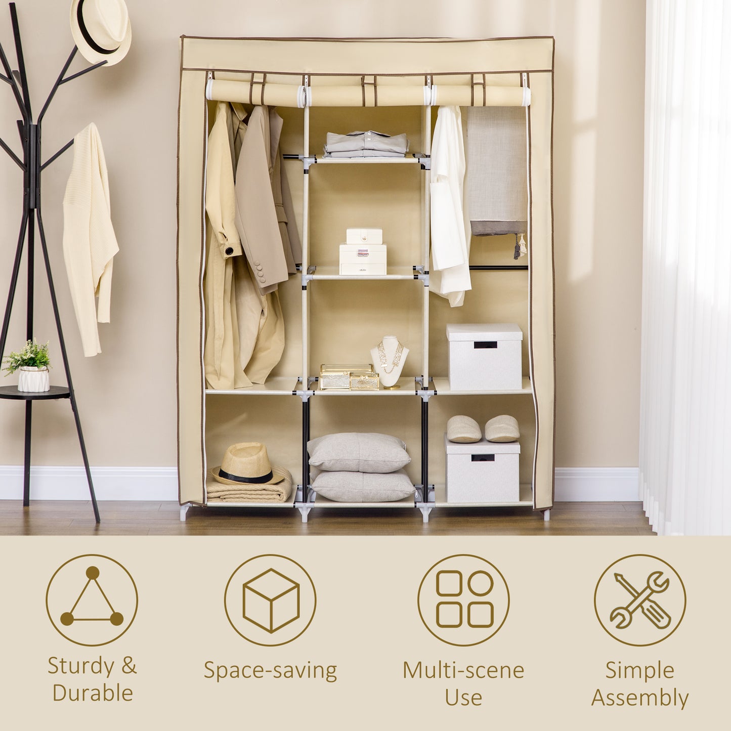 Fabric Wardrobe, with Rails and Shelves - Beige