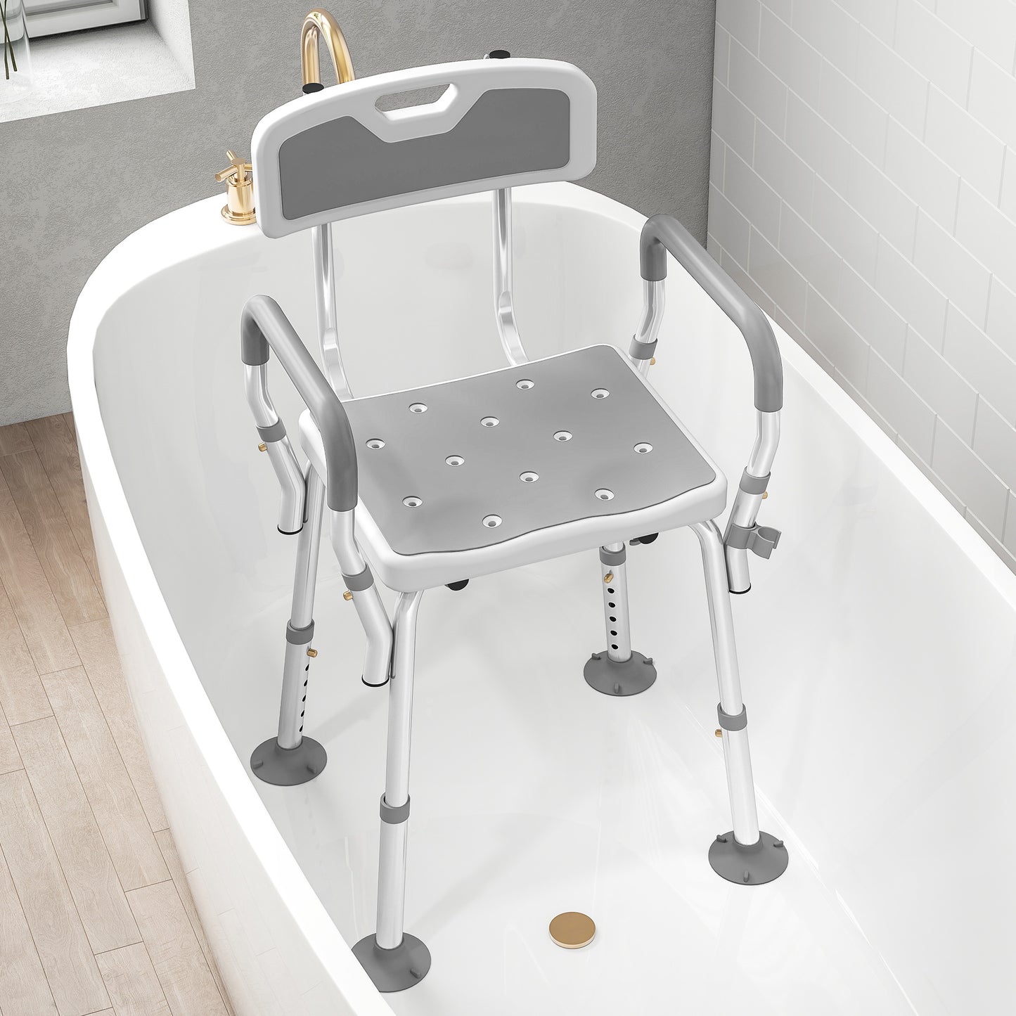 EVA Padded Shower Chair for the Elderly and Disabled, Height Adjustable Shower Stool with Back and Arms, 4 Suction Foot Pads