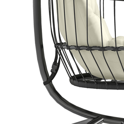 Hanging Egg Chair, Indoor Outdoor Hammock Swing Chair with Stand, Safety Strap, Foldable Basket, Black/Cream White
