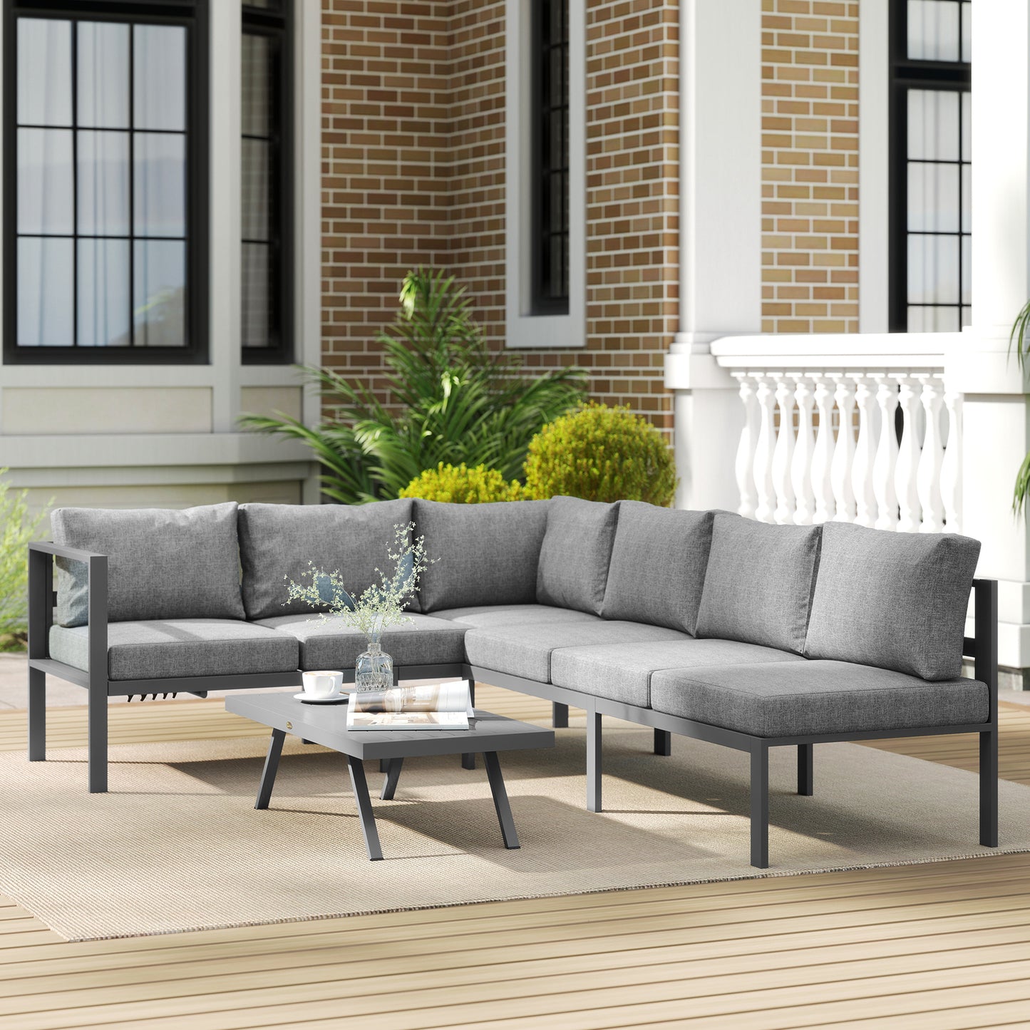 3 Pieces Garden Furniture Set, Aluminium Corner Lounge Set with Adjustable Backrest, Grey
