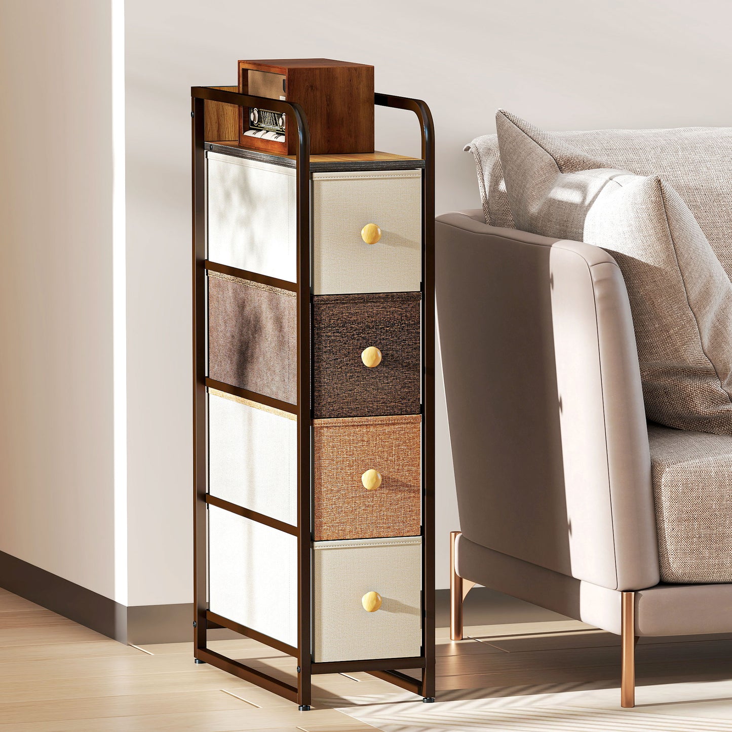 4-Drawer Storage Organiser Unit, Chest of Drawers with Steel Frame for Bedroom, Living Room, Mixed-Brown