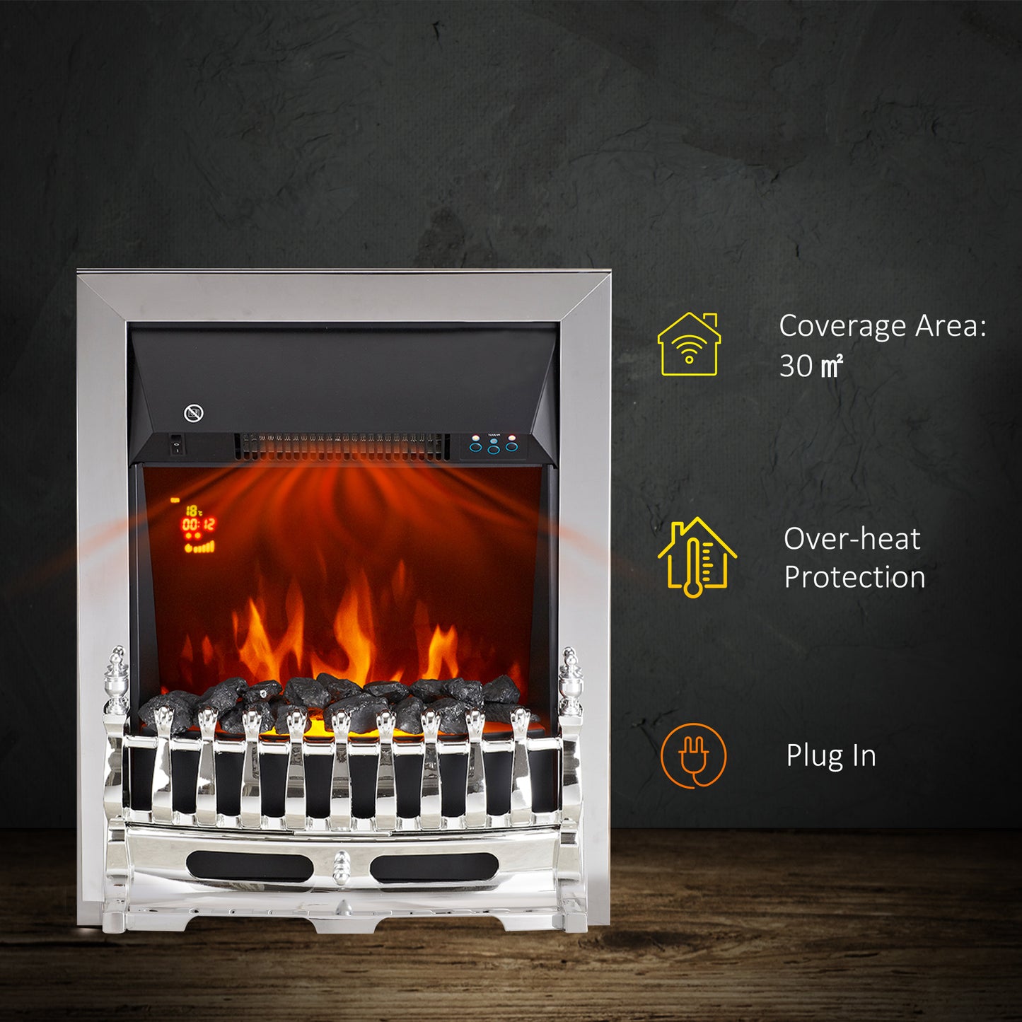 Contemporary Electric Fireplace Coal Burning Flame Effect Inset Fire Place Space Heater Glass View LED Lighting with Remote C