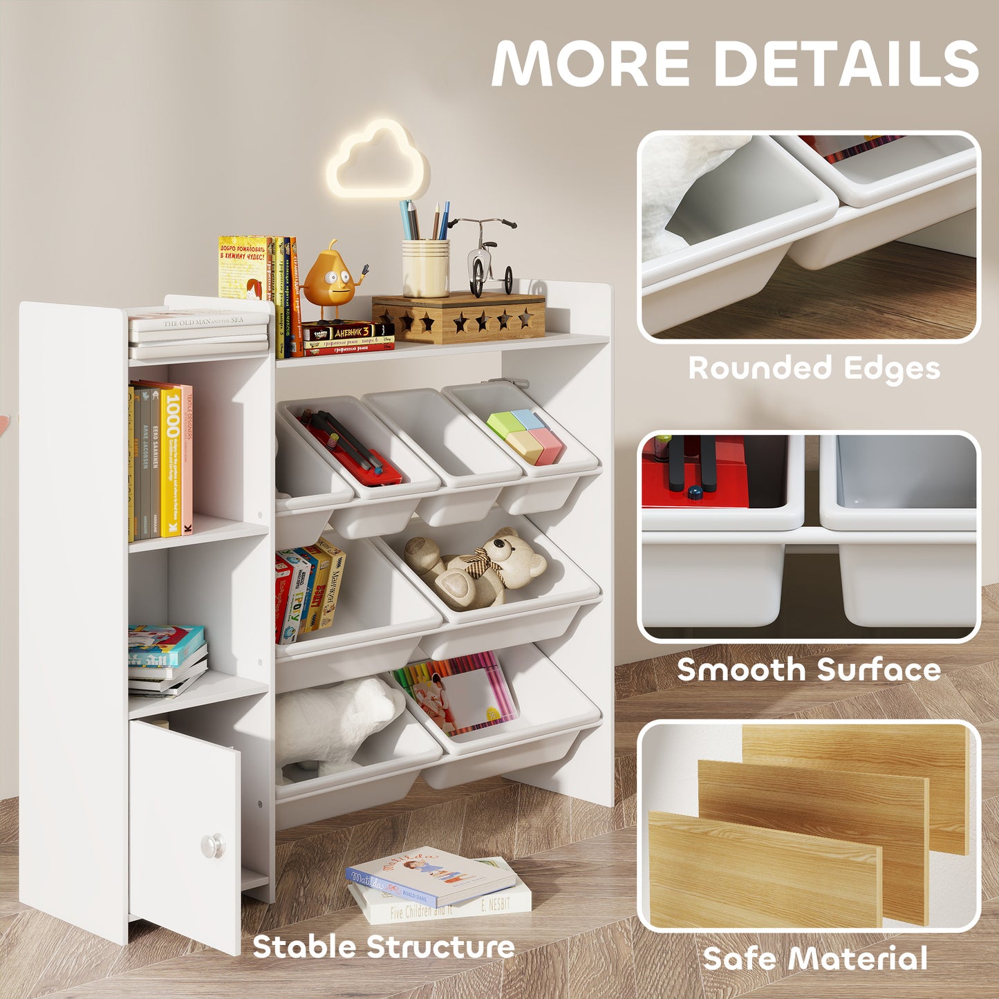 Toy Storage Unit with 8 Removable Bins, Storage Shelves, Cabinet, White