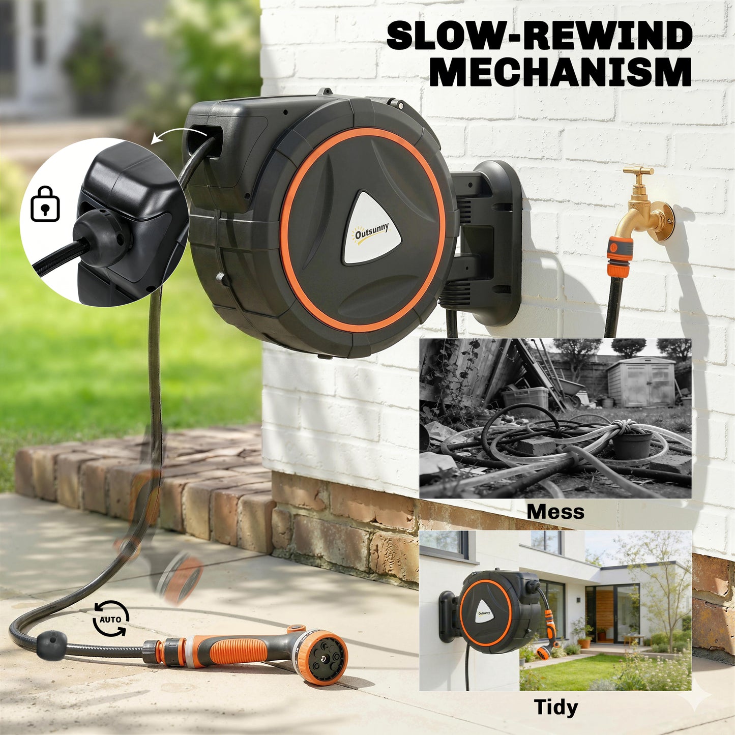 28+2m Retractable Hose Reel Wall Mounted with Auto Retraction, Self-Locking, Slow Return System, 12-Pattern Nozzles