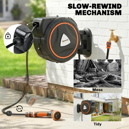28+2m Retractable Hose Reel Wall Mounted with Auto Retraction, Self-Locking, Slow Return System, 12-Pattern Nozzles