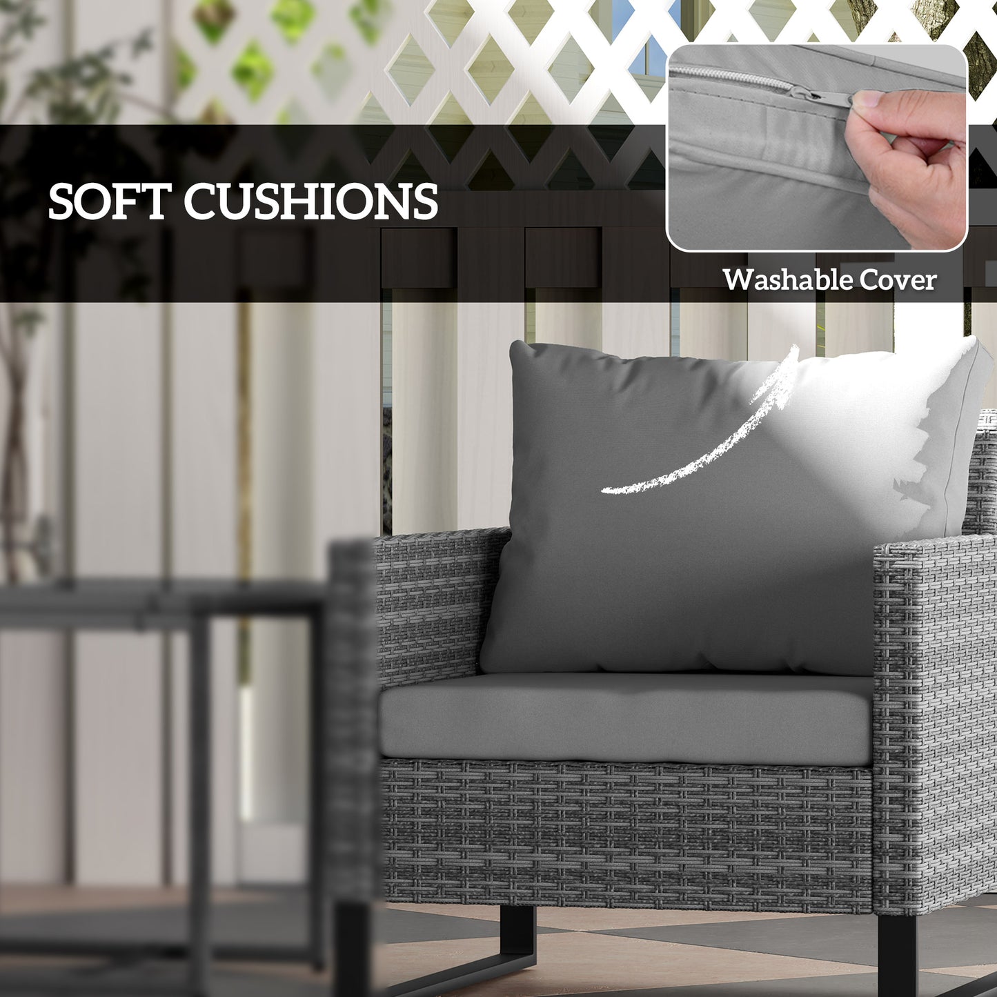 3 Pieces Rattan Bistro Set with 4 Cushions, Wicker Garden Furniture Set, Glass Top Coffee Table and Chairs for Outdoor Patio