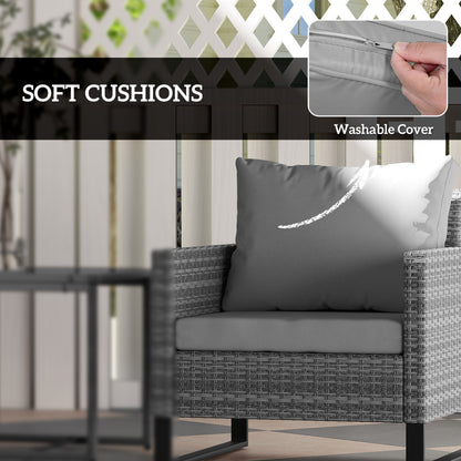 3 Pieces Rattan Bistro Set with 4 Cushions, Wicker Garden Furniture Set, Glass Top Coffee Table and Chairs for Outdoor Patio