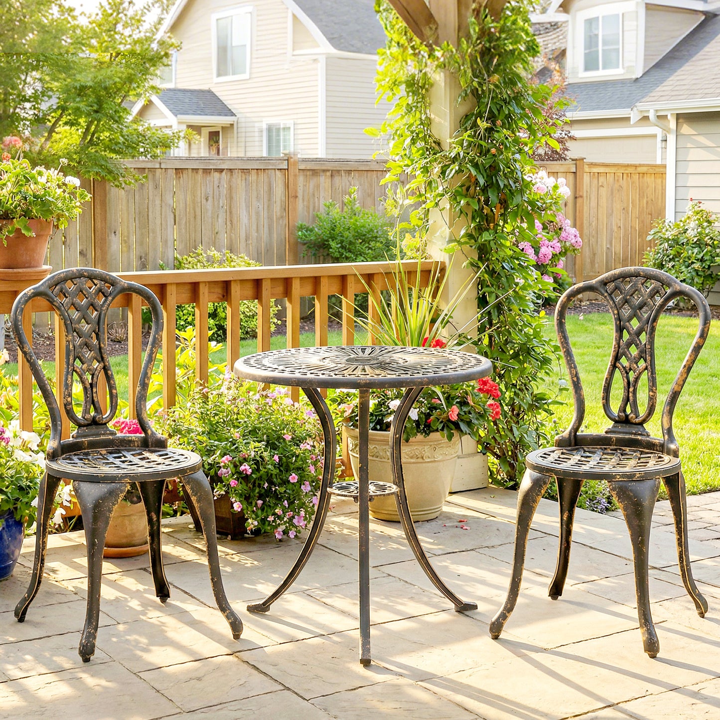 Outdoor Bistro Set for 2 Cast Aluminium Patio Furniture with Round Table Umbrella Hole Brown