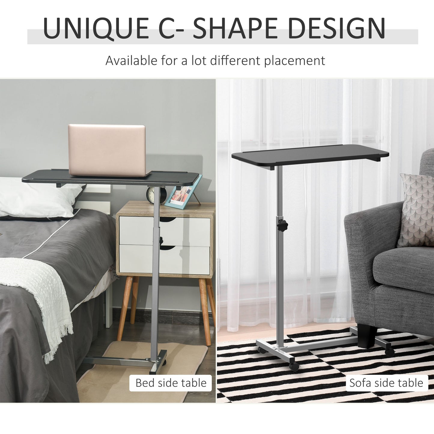 Height Adjustable Over Bed Table with Wheels, C Shaped Laptop Desk, Portable Hospital Bed Table for Living Room, Bedroom