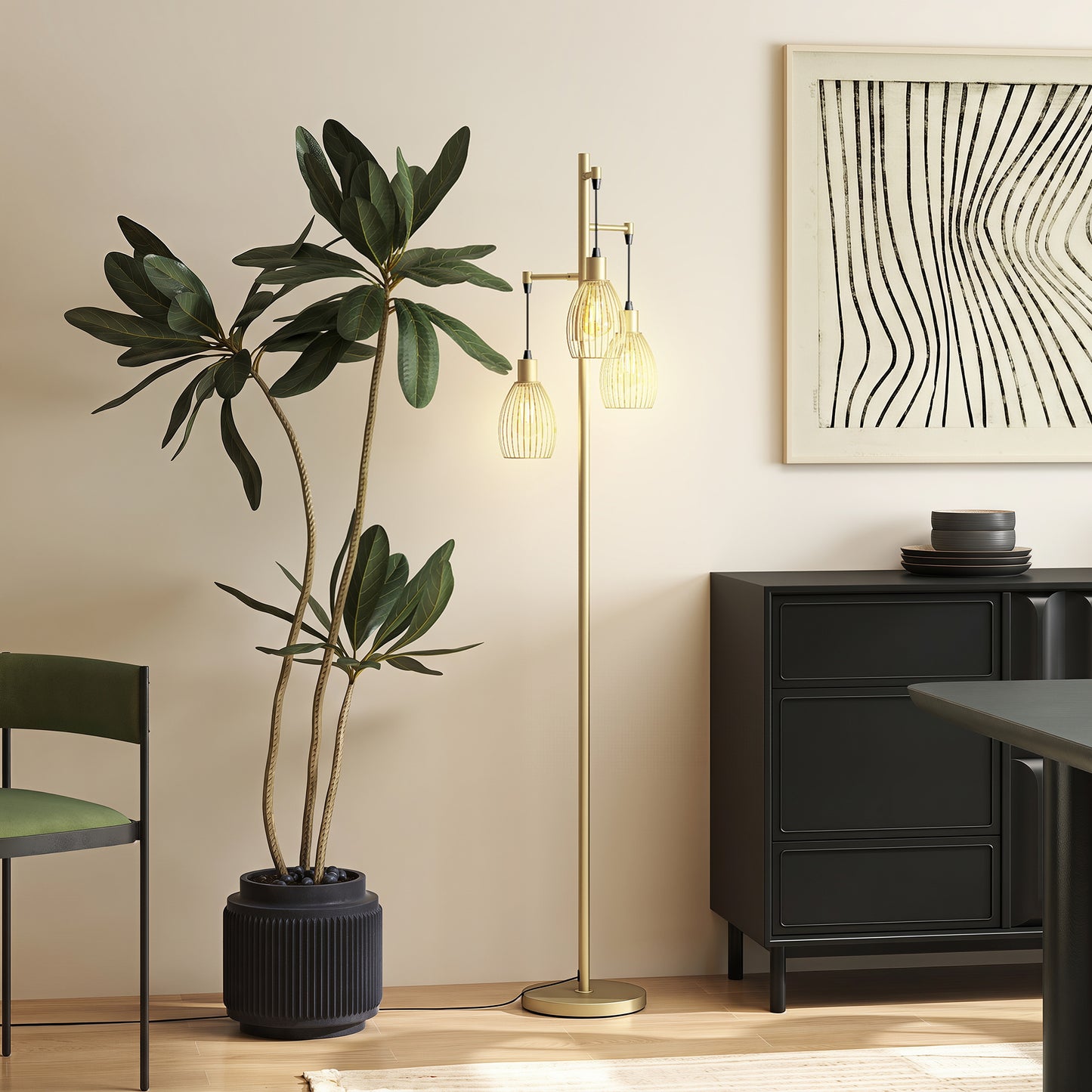 170.5cm Industrial Dimmable Standing Lamp, 3-Light Floor Lamp with Steel Wire Cage Lampshades, Gold Tone