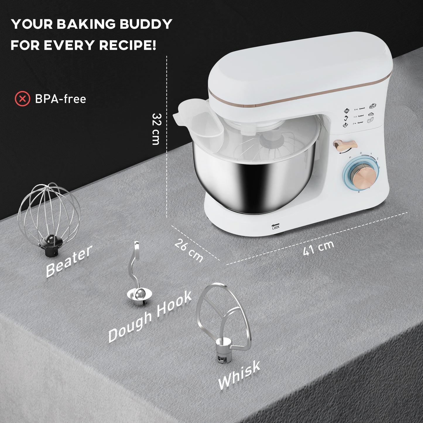 Stand Mixer, 5L Food Mixer for Baking, 6 Speeds and Pulse Setting, 1400W Cake Electric Kitchen Mixer with Dough Hook, Whisk