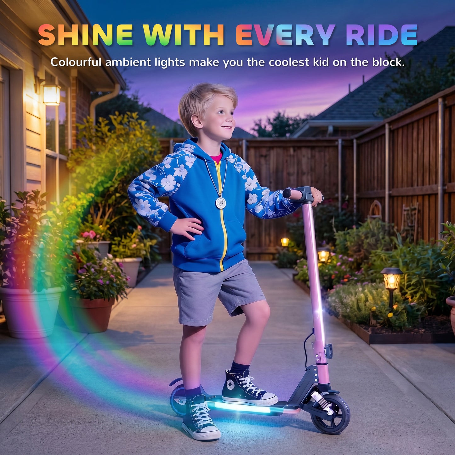Folding Electric Scooter for Kids, with Dual Brakes, Front Suspension, LED Colourful Lights, Pink