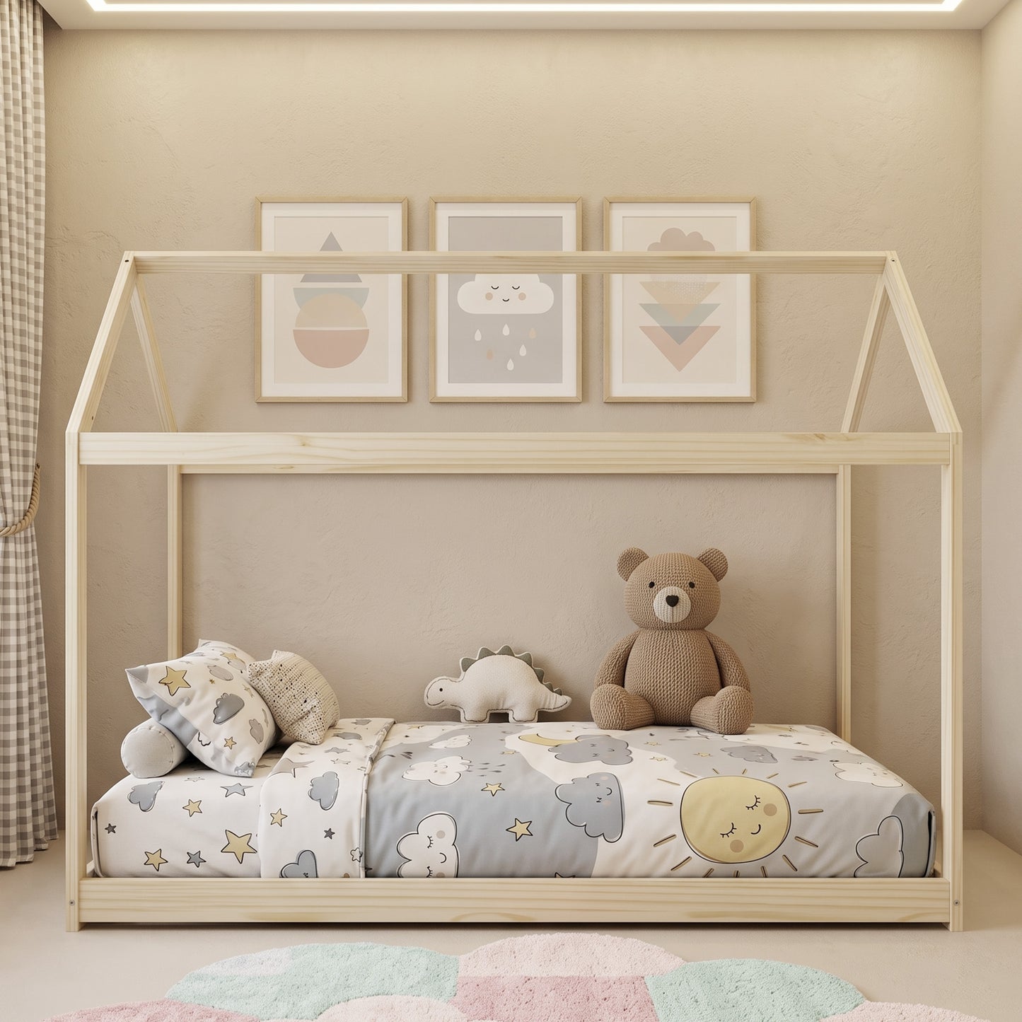 Single Bed Frame, House Scandinavian Wooden Bed Frame for 90W x 190Dcm Mattress, Pine Wood Bed Base, Natural Wood Finish