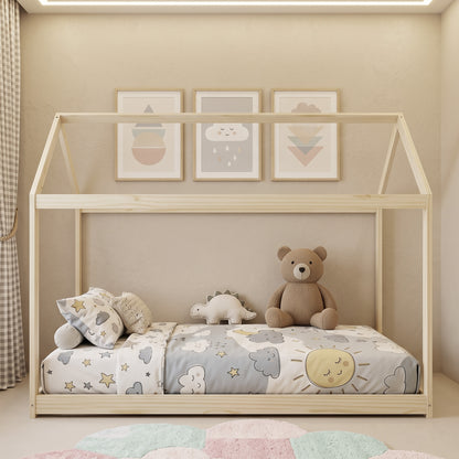 Single Bed Frame, House Scandinavian Wooden Bed Frame for 90W x 190Dcm Mattress, Pine Wood Bed Base, Natural Wood Finish