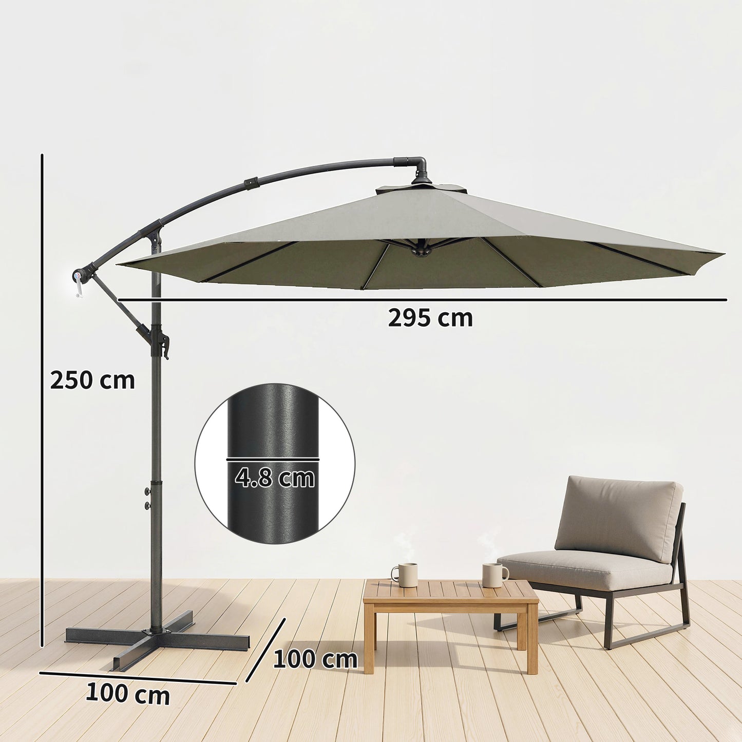 3m Overhanging Cantilever Parasol, with Cross Base - Light Grey