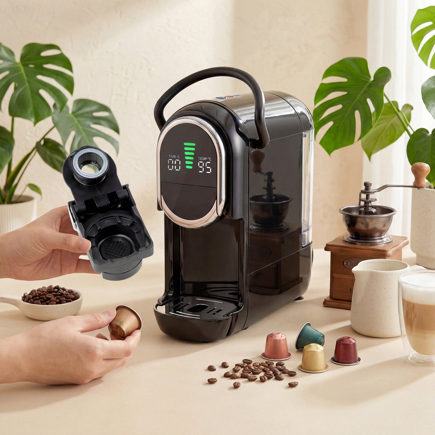 Pod Coffee Machine for Nespresso, Dolce Gusto Capsule & Ground Coffee, Small Semi Automatic Coffee Maker, 19 Bar, 0.6L